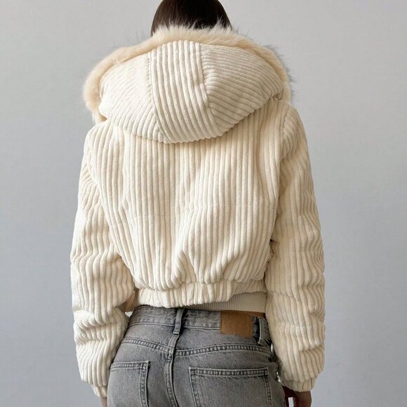 Apricot Casual Women's Corduroy Patchwork faux fur trim Hooded Short Padded Coat - Picture 2 of 6
